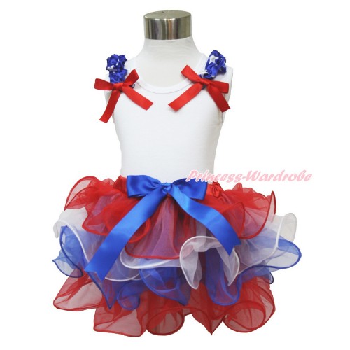 American's Birthday White Baby Pettitop & Patriotic American Star Ruffles & Red Bow with Royal Blue Bow Red White Blue Baby Petal Pettiskirt NG1536